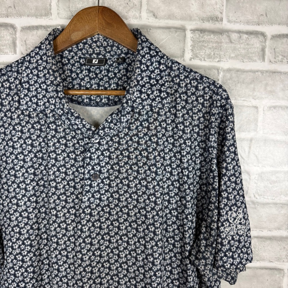 FootJoy Mens Large Navy Floral Clover Golf Polo Shirt Corte Bella Golf Club FJ